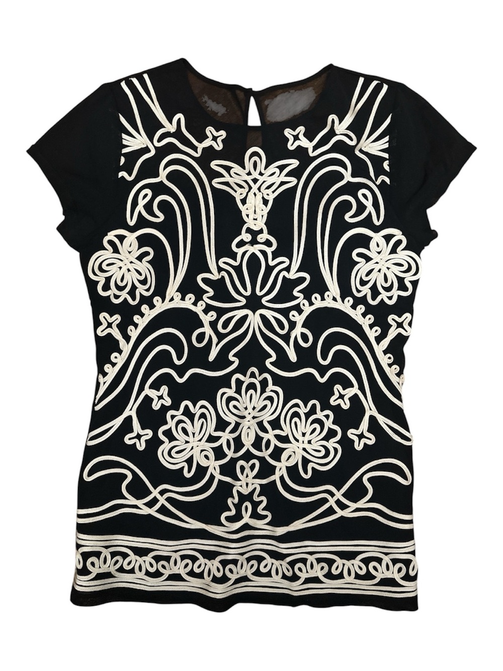 INC International Concepts Mesh Black Short Sleeve Top Sz L Cream Embroidery